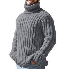 Knitted Pullover Men's Ribbed Knit Sweater Regular Fit Long Sleeve Grey M Winter Warm Turtleneck Retro Pattern