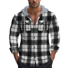 Men's Checked Shirt, Lumberjack Hooded Cotton Long Sleeve, Slim Fit Casual ButtonDown Outdoor Shirt, Black, Size M