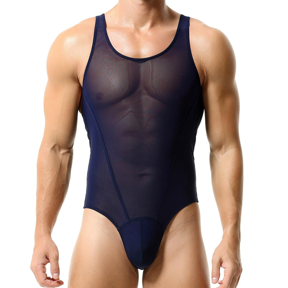 Men's Sexy Cutout Overall Mesh Bodysuit Blue Size L OnePiece Crew Neck Sleeveless Transparent Romper