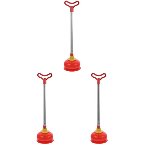 3Pcs Red Home Toilet Plunger Tool Long Handle Bathroom Cleaner 1