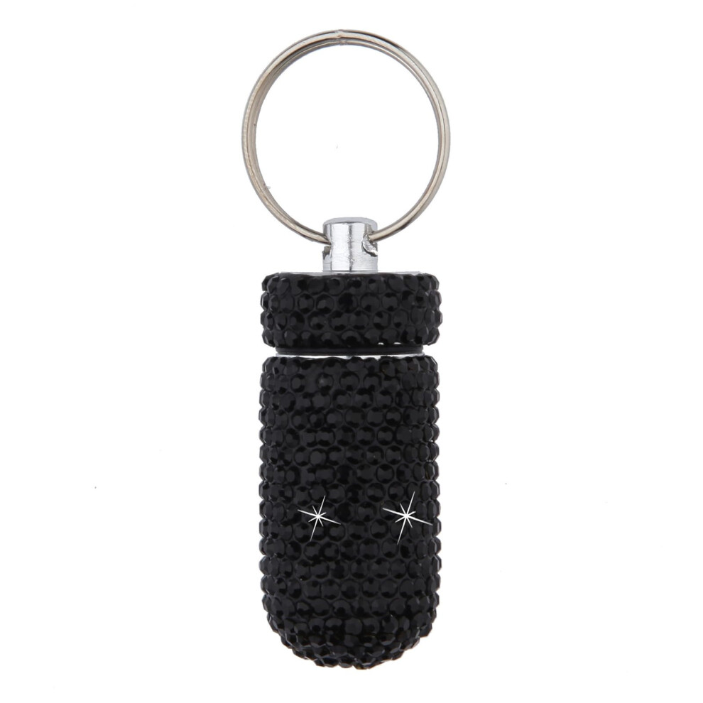Small pill case with rhinestones, aluminum alloy, keychain, travel and outdoor storage bottle.