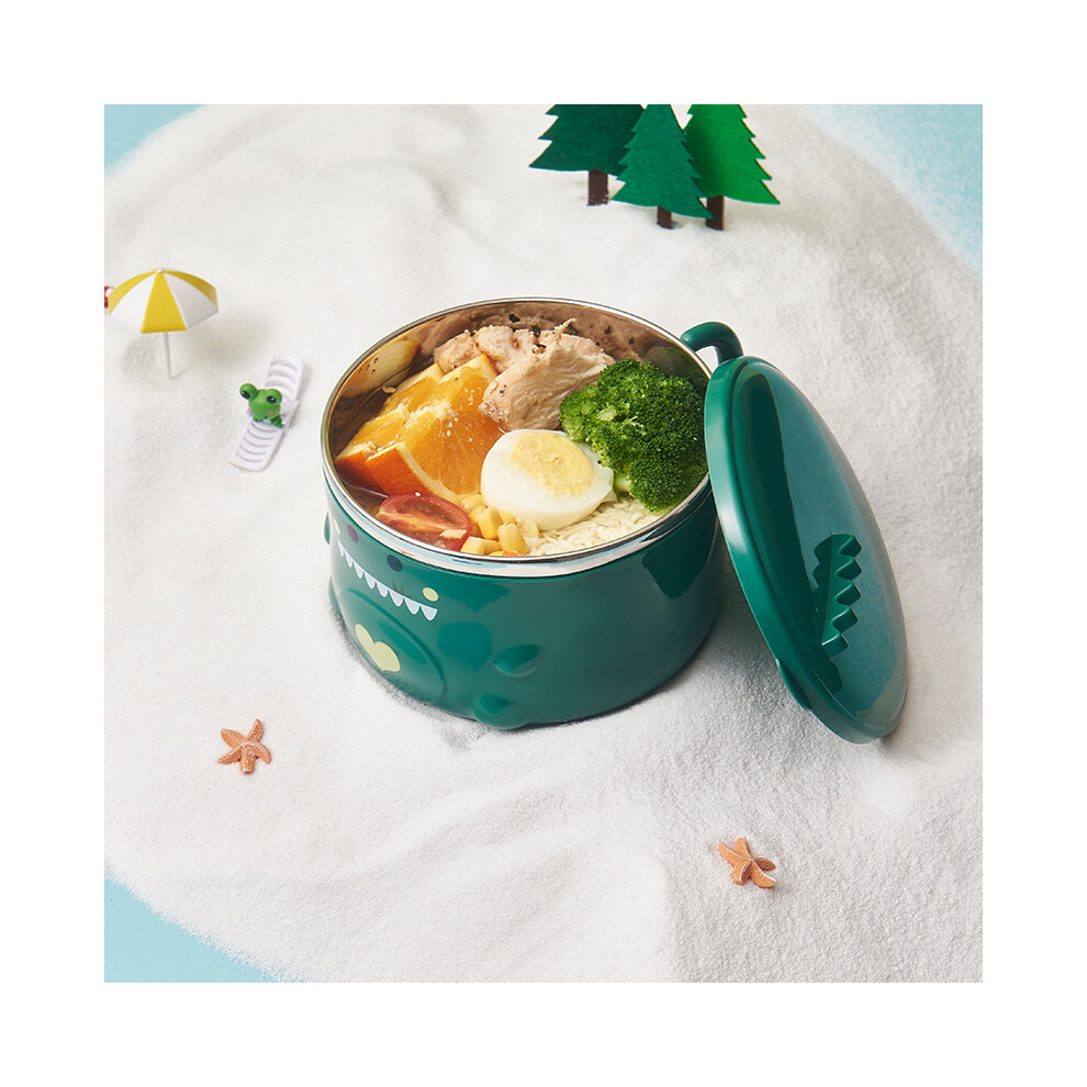 Cartoon Dinosaur Noodle Bowl Stainless Steel, Green, Handle & Lid