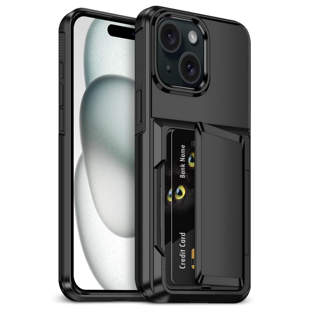 Case For Iphone 15 With Card Holder Max 4 Cards Heavyduty Shockproof Duallayer Pc/Tpu Bumper Hidden Card Slot Black 9382693727183
