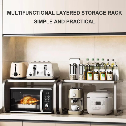 Microwave Oven Stand Adjustable 2Tier Carbon Steel Kitchen Storage Rack Expandable Black 1
