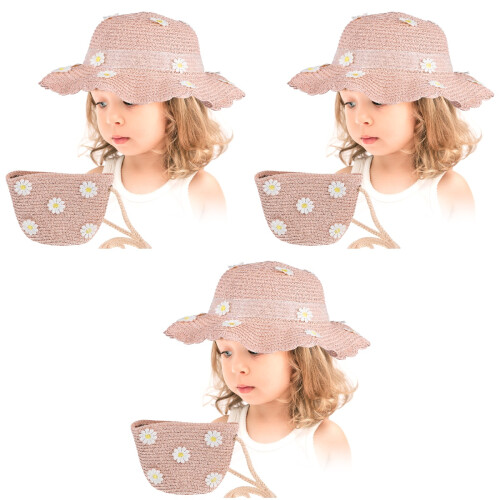 3Pièces Ensemble Chapeau Et Sac Rose Décor Été 2