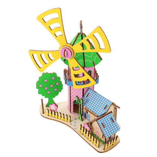 5Sets Durable DIY Assembly Wood Windmill House 3D Puzzle Multi-Color 1