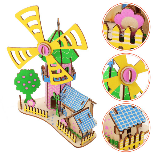 5Sets Durable DIY Assembly Wood Windmill House 3D Puzzle Multi-Color 2