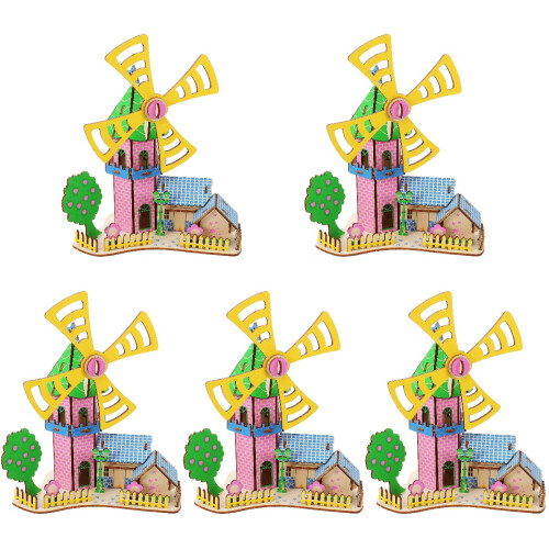 5Ensembles Puzzle Maison Bois 3D, Assemblage DIY À Vent Coloré 2