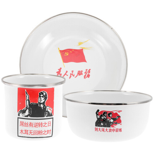 2Sets Enamel Tableware Set Food Plates Bowls Cups for Home Use