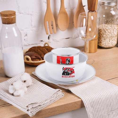 2Sets Enamel Tableware Set Food Plates Bowls Cups for Home Use 2