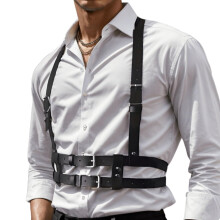 Harness Men's Leather Punk Chest Harness, Black Leather, Size M, Punk Style