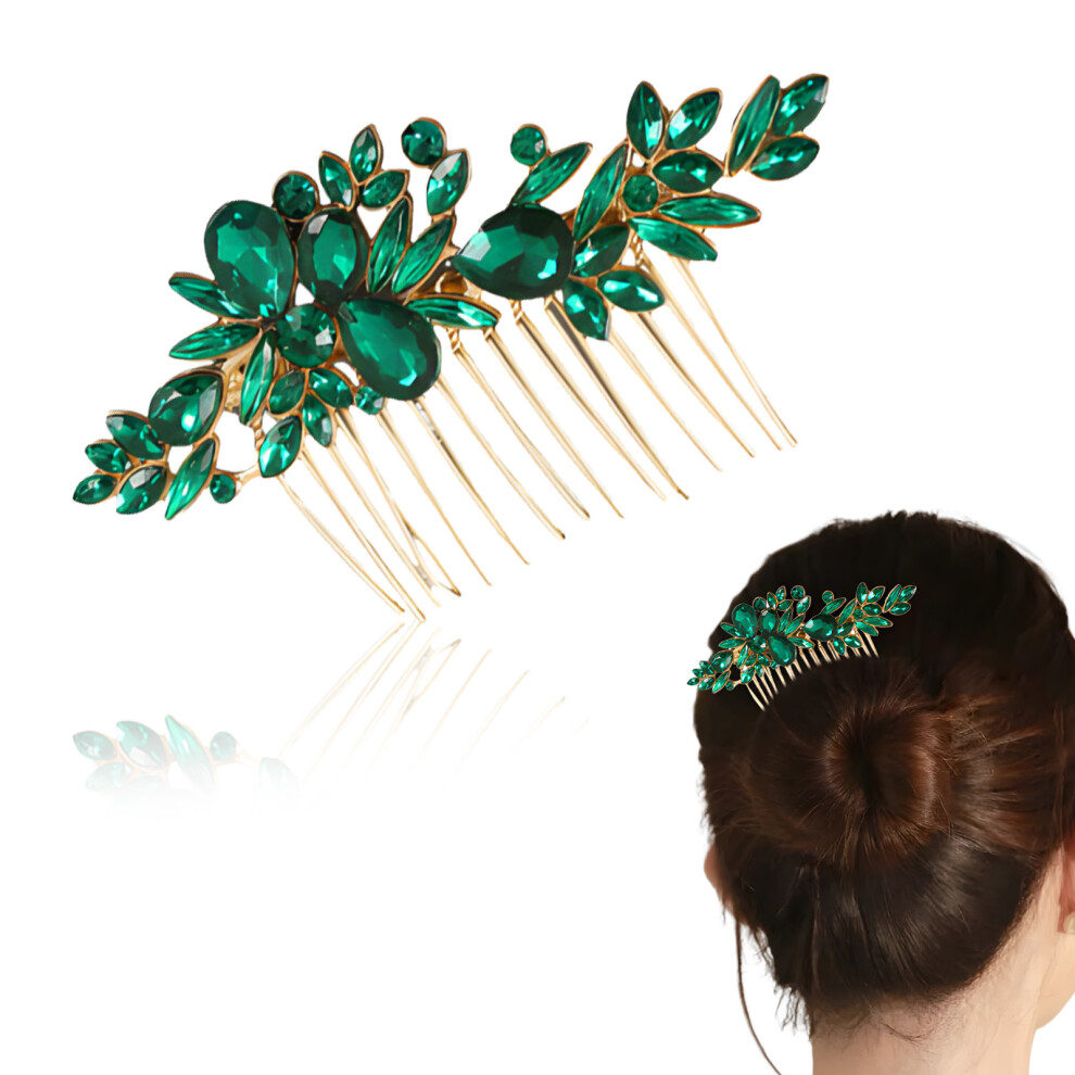 Bridal Green Crystal Hair Comb,Handmade Hair Accessories,Leaves Green Emerald Crystal Hairpin, for Brides,Girls,Women,Hair Comb Wedding Prom Birthday
