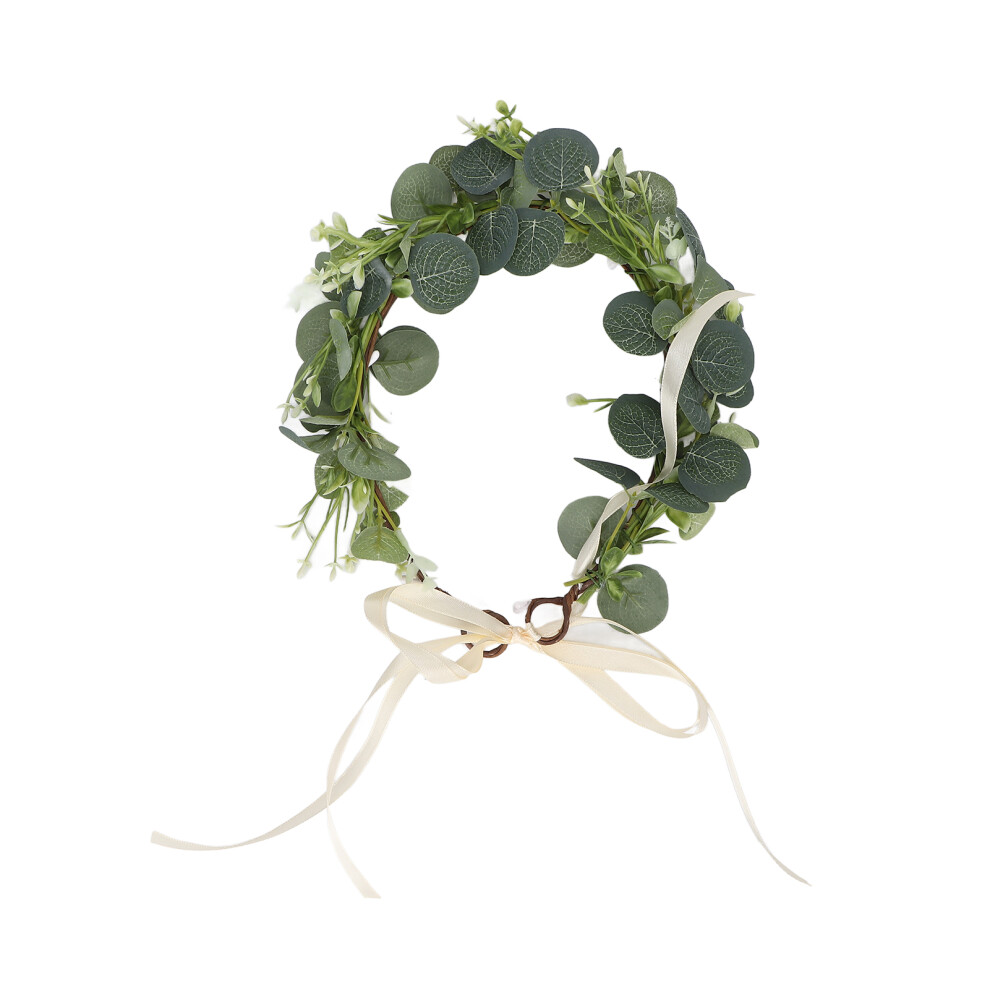 Green Elegant Floral Halo Headband Bridal Crown Leaf Eucalyptus Wedding Party Photo Prop Multifunctional Decorative Headpiece (Sweet Style)