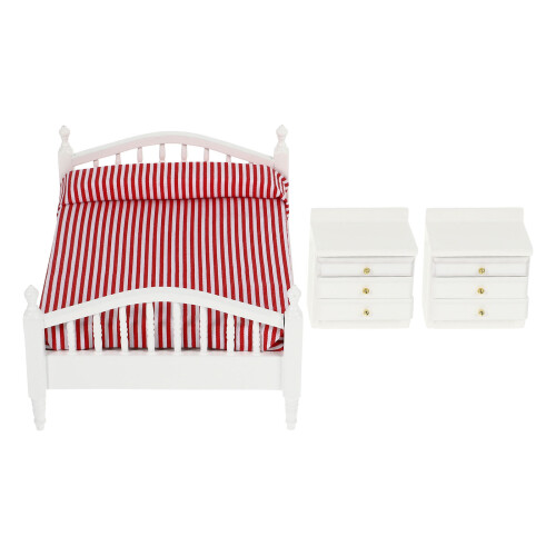 2Sets Mini Double Bed Decor Durable Wooden Miniature House Accessories 1
