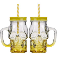 Halloweenbekers voor griezelige feestjes, weckpot met doodskopmotief inclusief deksel en rietje, duurzame glazen drinkpot met handvat, cool en
