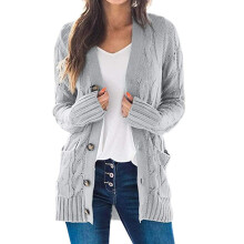 Grobstrick-Cardigan für Damen, offener, geknöpfter Langarm-Strickmantel, locker geschnittene Zopfstrickjacke mit aufgesetzten Taschen, weich und