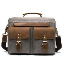 Canvas Leather Laptop Briefcase For Men, 14 Inch Messenger Bag, Anti Theft Crossbody Satchel, Gray