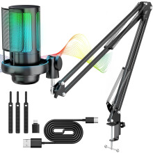 Microfone USB para jogos com iluminação RGB, captação cardioide, som de alta fidelidade, plug & play para PC, laptop, console e celular, ângulo