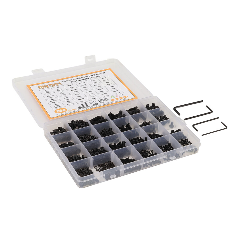884Pcs Carbon Steel Hex Socket Screw Nut Washer Kit M2-M5 Black 4981373719965