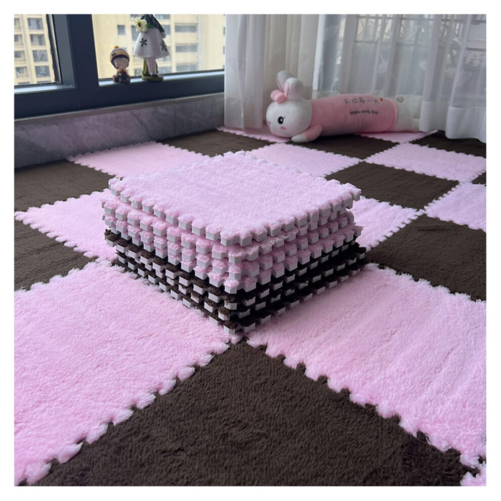 Plush, Fluffy Puzzle Playmat Set With Interlocking Carpet Tiles, 12Piece Square Foam Floor Tiles In And Rosedark Coffee. Pink