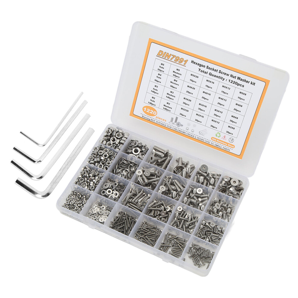 Hex Socket Screw Nut Washer Kit 1220Pcs M2-M5 304 Stainless Steel 3081373734416