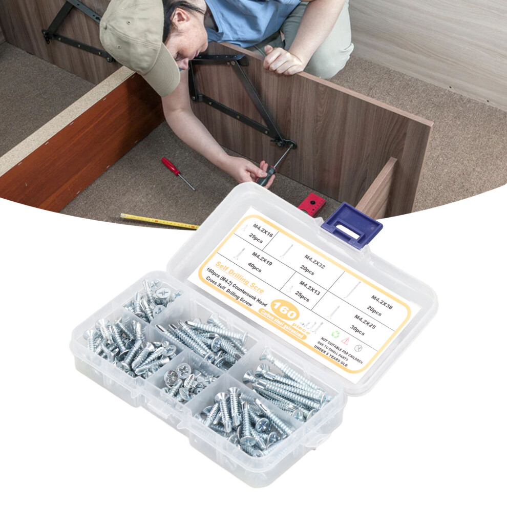 160Pcs Carbon Steel Blue Zinc M4.2 Self Drilling Screws 13-38Mm 4601373734521