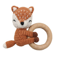 Handmade Baby Rattle for Girls and Boys from 0 Months Baby Wooden Teething Ring Grasping Toy Gift for Birth, Baby Shower (Fox)