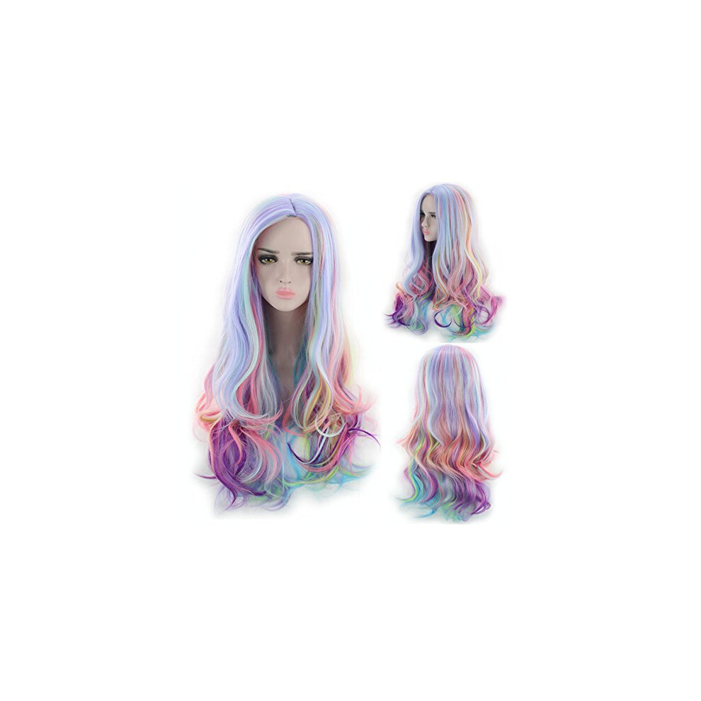 Unisex Long Curly Rainbow Hair Wigs Multicolored Long Wave Cosplay Wig For Women Halloween Karneval Wig Wig Cap Included