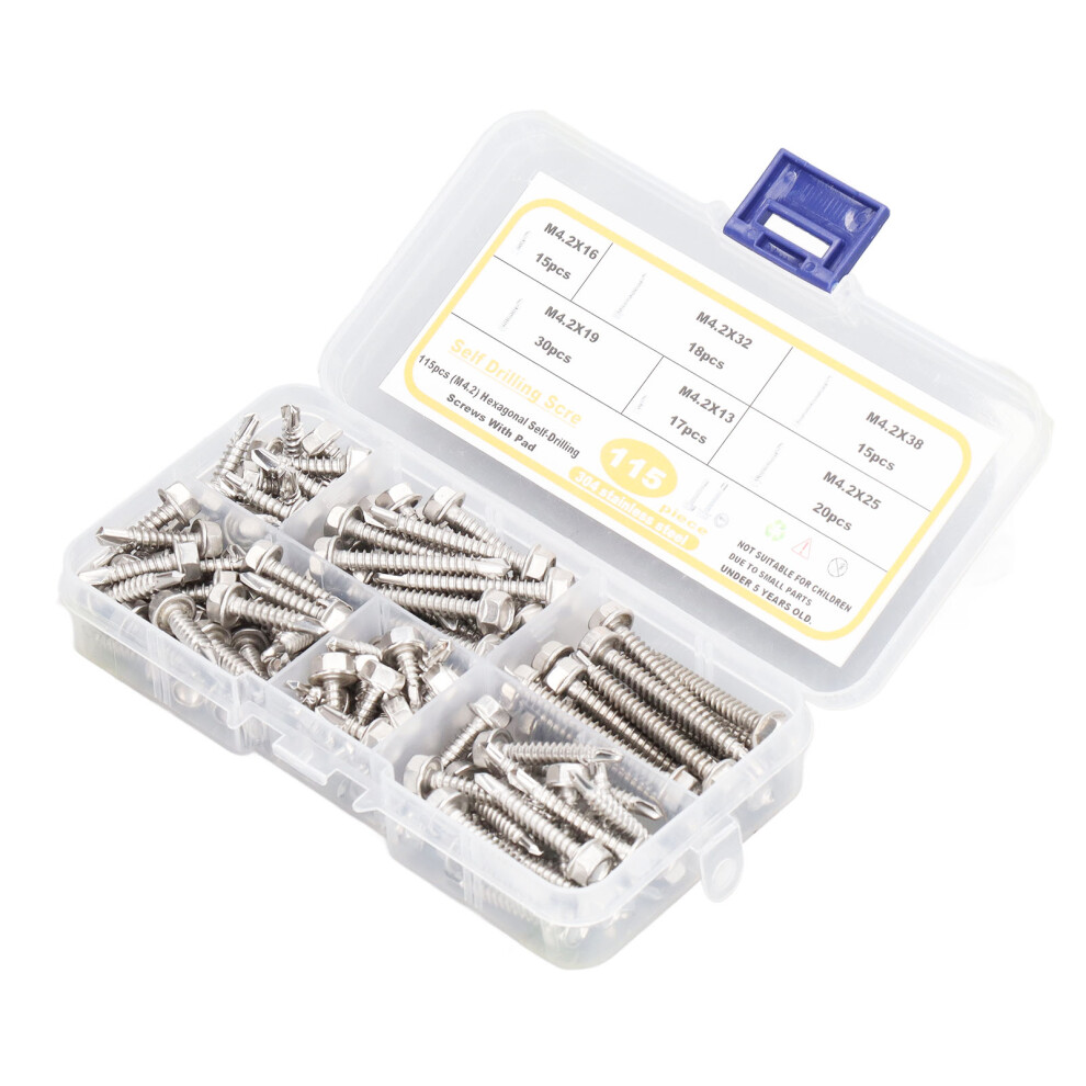 115Pcs M4.2 304 Stainless Steel Hex Self Drilling Screws With Washers 8311373757968