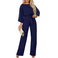 Trendy damesjumpsuit, business casual, korte mouwen, riem, wijde pijpen, zachte stof, elegante, veelzijdige stijl.