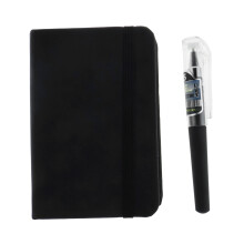 Caderno de bolso com capa dura e fecho elástico, capa em couro sintético resistente à água, design que permite abertura total, mini caderno para
