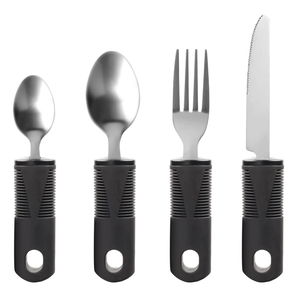 Black Set Of 4 Cutlery For Parkinson Patients With Thick Handle, Adaptive Utensils (Black)