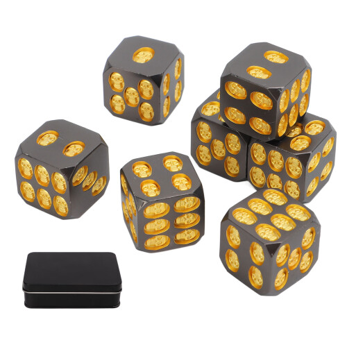 7pcs Metal Dice Set with Skull Pattern, Black & Gold, 1.6cm 1