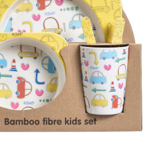 Bamboo Fibre Kids Tableware Set, Cartoon Bowl, Divided Plate, Spoon, Fork & Cup, Gift Type 3