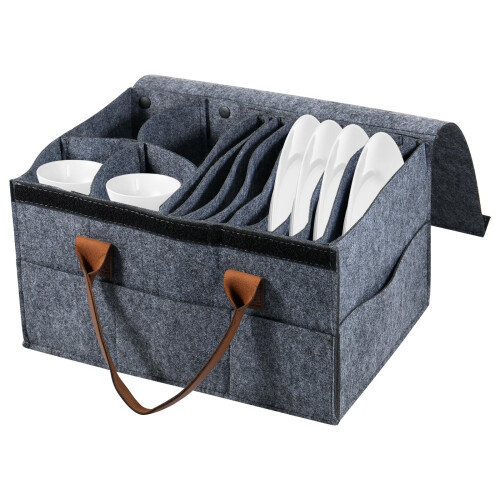 Motorhome Camping Tableware Storage Felt Bag with Removable Divider  Lid