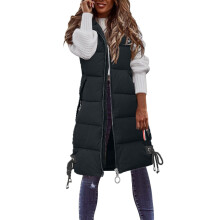 Quilted Vest Women's Long Sleeveless Vest With Hood Zip Pockets Down Lightweight Black Size L