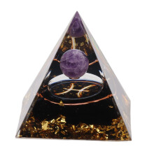 Handmade Orgone Pyramid for Spiritual Healing Meditation, Orgonite Crystal Pyramid with Natural Amethyst Chips and Metal Inlays, Healing Crystal