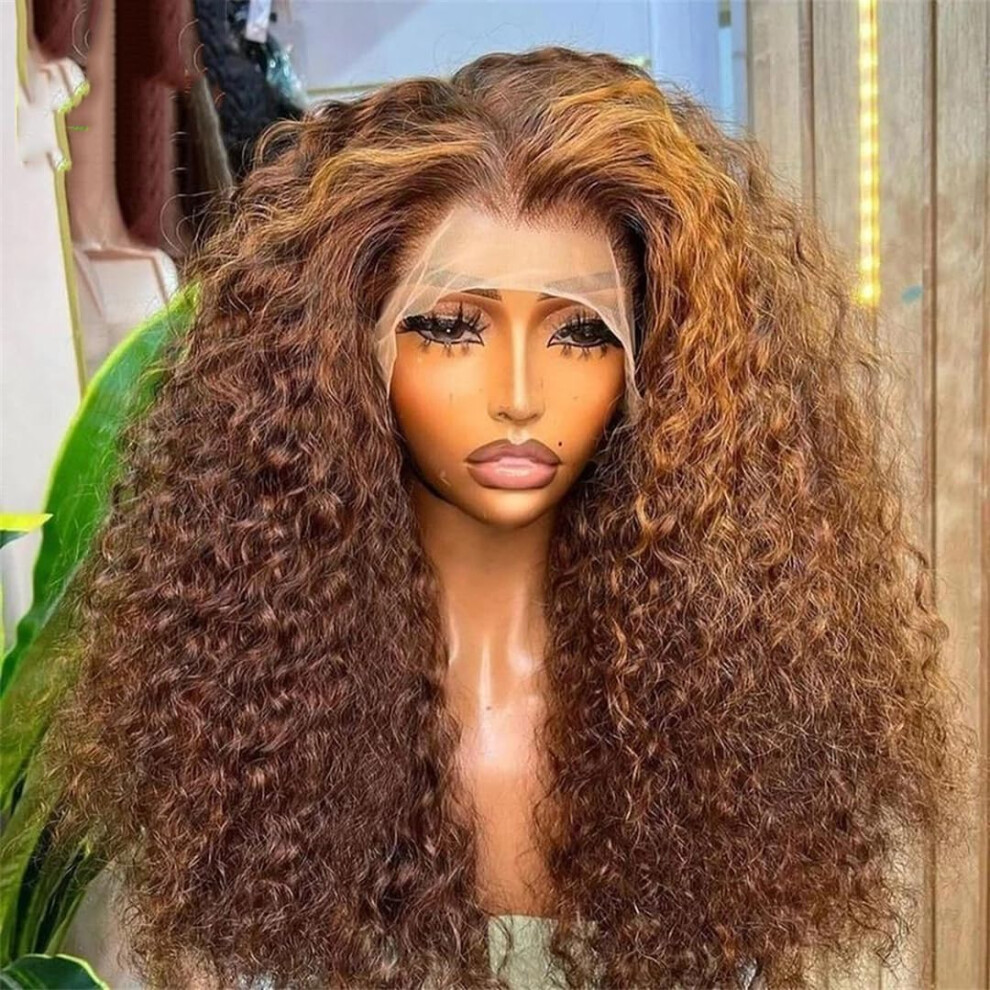 Unisex Brown 34 Inch 13X6 Lace Front Remy Human Hair Wig Honey Highlight Deep Wave 180 Density