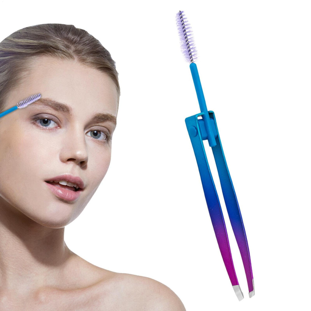 Blue Eyebrow Tweezers With Brush, 2 In 1 Precision Stainless Steel Plucker For Grooming,