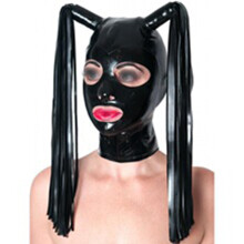 Latex Hood BDSM Fetish With Double Ponytail Open Eyes Mouth Back Zipper Unisex Cosplay Club Wear XXL 73CM