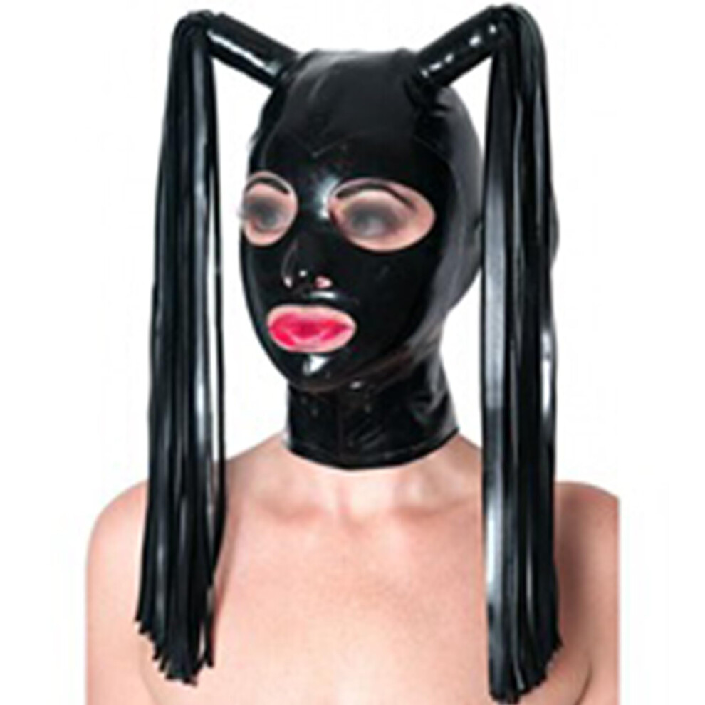 Latex Hood BDSM Fetish With Double Ponytail Open Eyes Mouth Back Zipper Unisex Cosplay Club Wear XXL 73CM