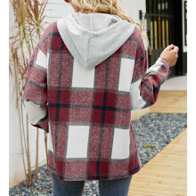 Damenburgundier Karo-Hoodie-Mantel, Größen S-XL, Lässig Passform
