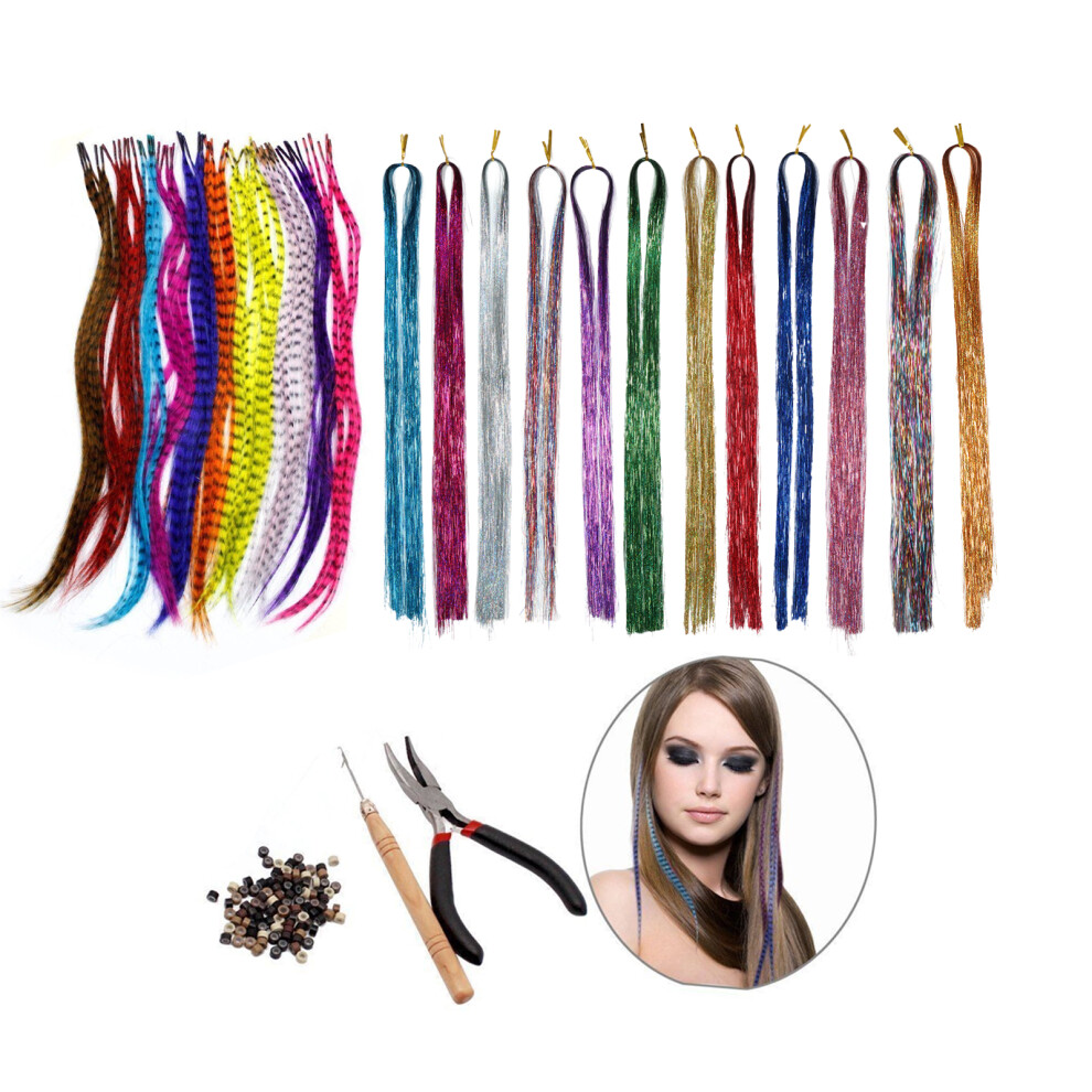 Feather Hair Extension Kit With Tools Real Rooster Feathers Rainbow Tie Dye Color Feathers Hair Extensions With Silicone Lined Micro Rings Eye