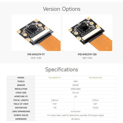 IMX219 Camera Module, Compatible with Raspberry Pi 5, 8MP, MIPICSI Interface 2