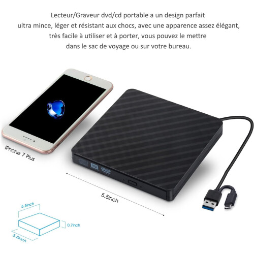 External DVD Burner USB 3.0/Type C CD/DVD Drive, Slim Portable Optical Drive for PC Laptop Mac Windows Linux (Black) 2