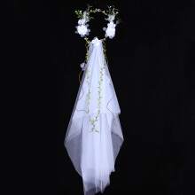 Velo aCorona Blanco Elegante con Ramas Verdes para Bodas, Decoración de Satin Hecho a Mano