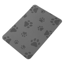 Nonslip and absorbent pet feeding mat for cats, washable for easy cleaning, designed with paw prints for food and water bowls.