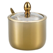 Stainless Steel Sugar Bowl with Spoon, Gold Silver Kitchen Condiment Container, Clear Lid, 304 RustResistant