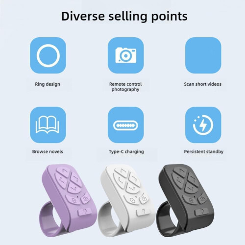 Fingertip Wireless Bluetooth Remote Control Scrolling Ring Rechargeable Black For Phones And Tablets 1 Piece 2