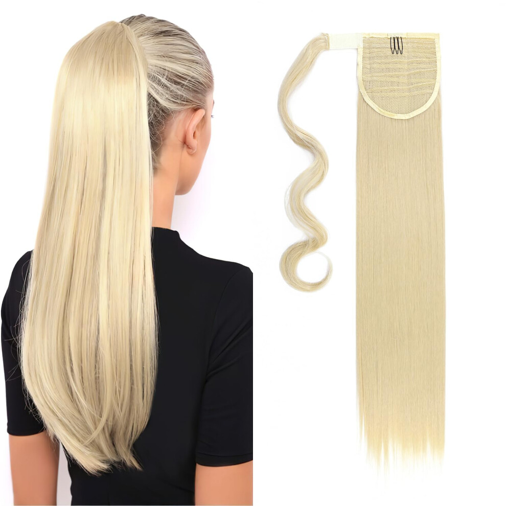 Unisex 23" Clip In Hair Extensions Wrap Around Ponytail Bleach Blonde Long Straight Hairpiece 23 Inches Synthetic Hair